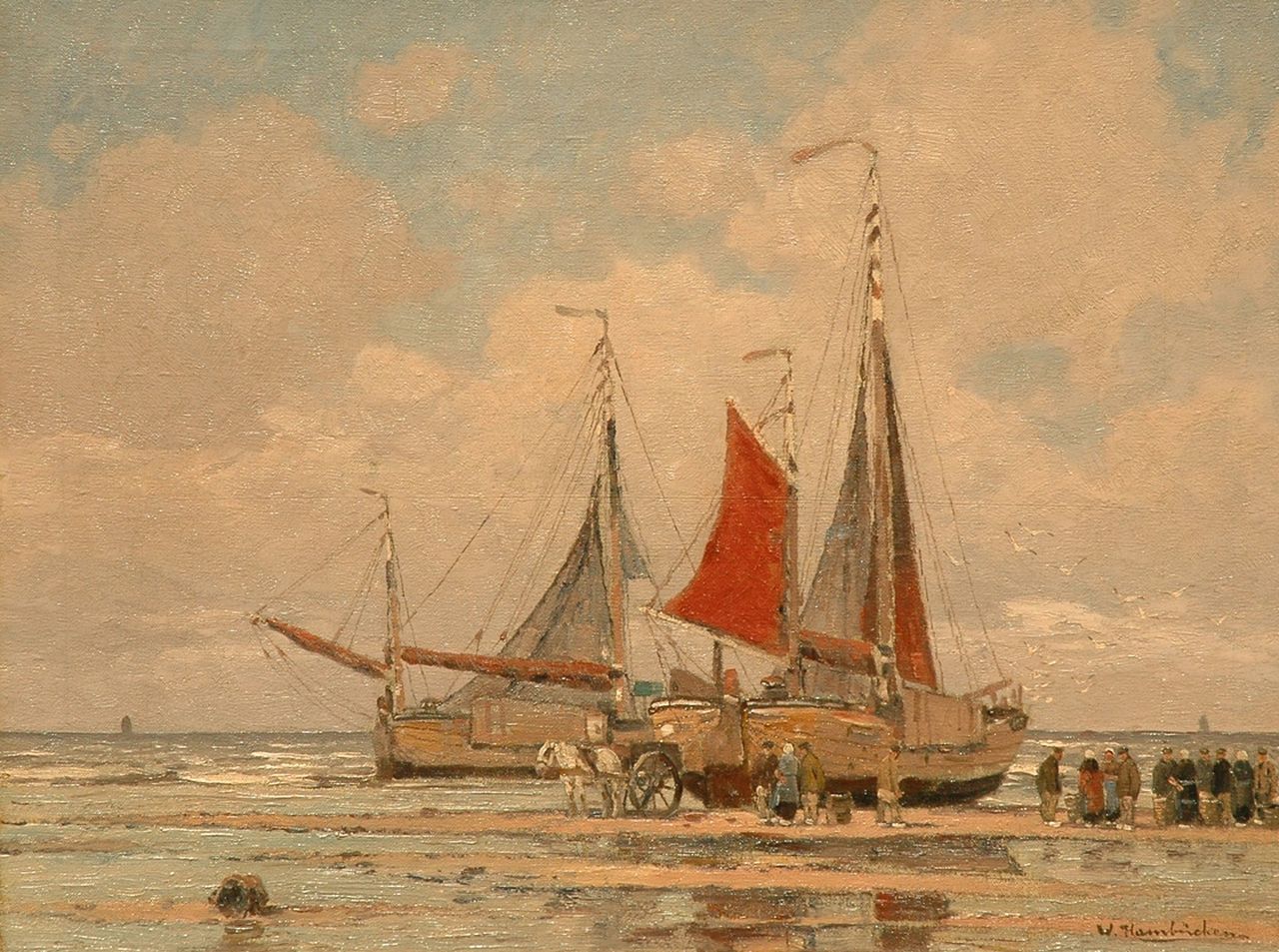 Hambüchen W.  | Wilhelm Hambüchen, Unloading the catch, Katwijk, Holland, oil on canvas 60.6 x 80.4 cm, signed l.r.