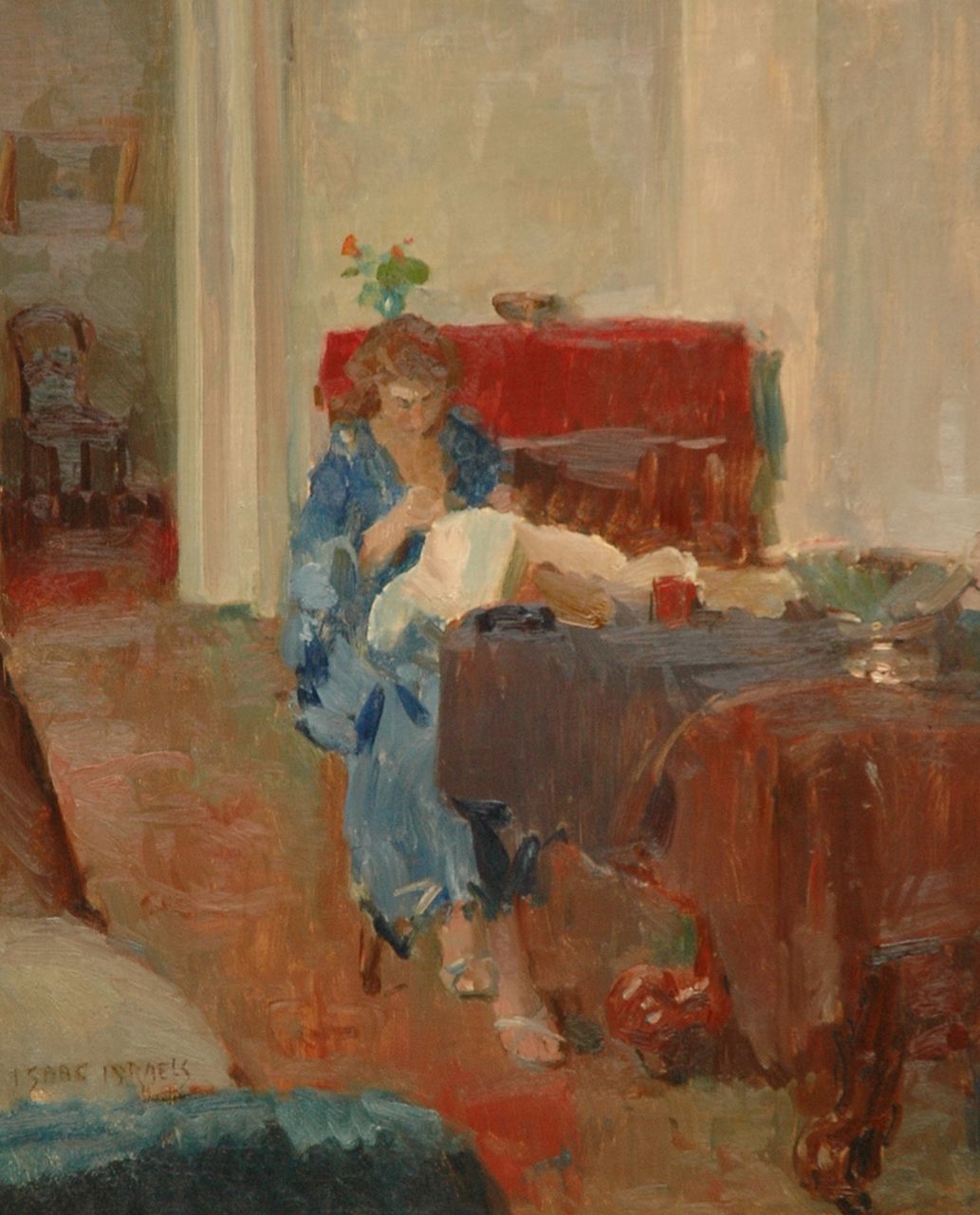Israels I.L.  | 'Isaac' Lazarus Israels, Sophie in interior, oil on canvas 80.0 x 65.0 cm, signed l.l.