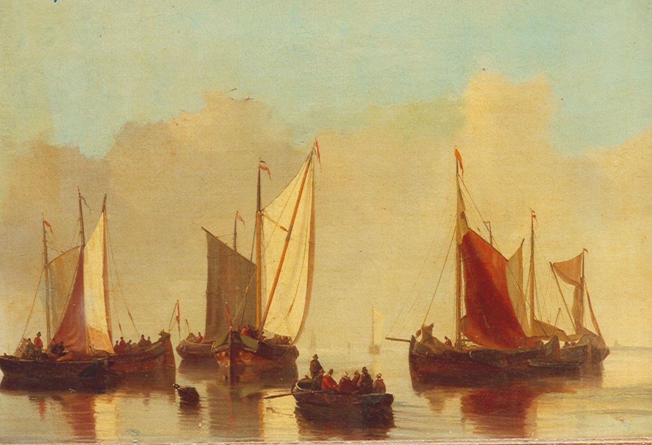 Gruijter J.W.  | Jacob Willem Gruijter, Shipping on the IJ, Amsterdam, oil on panel 31.0 x 46.7 cm, signed l.r.