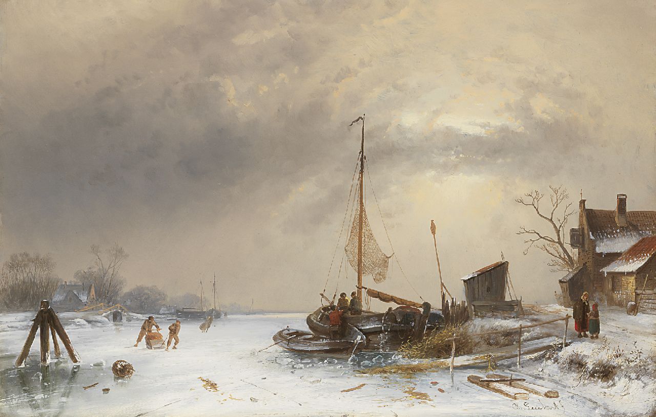 Leickert C.H.J.  | 'Charles' Henri Joseph Leickert, Winter landscape with skaters on a frozen river, oil on panel 35.0 x 54.4 cm, signed l.r.