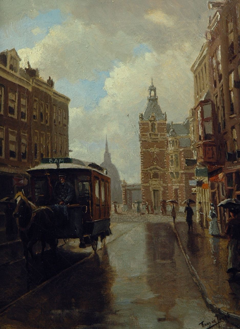 Jongh M.J. de | Martinus Johannes 'Tinus' de Jongh, The Leidsestraat in Amsterdam with the Stadsschouwburg in the distance, oil on canvas 40.2 x 30.3 cm, signed l.r.