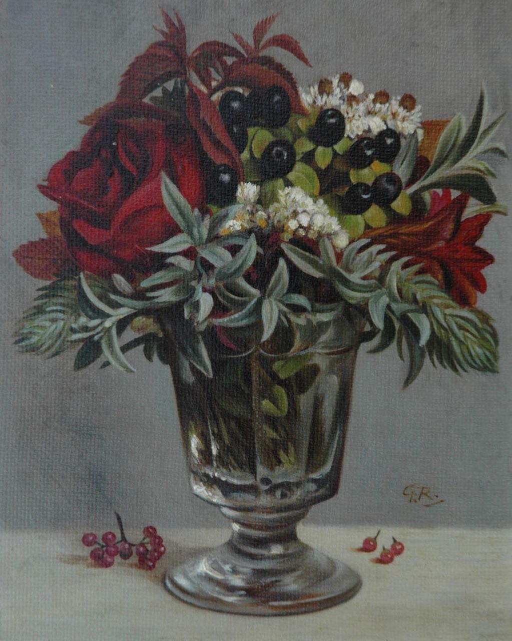 Röling G.V.A.  | Gerard Victor Alphons 'Gé' Röling, A flower still life in a glass vase, oil on panel 19.0 x 15.1 cm, signed l.r. with initials and in full on the reverse