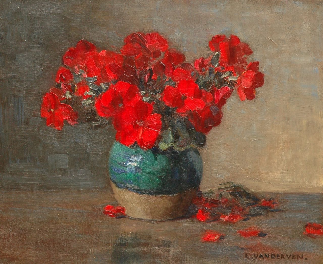Ven E.E.G. van der | Emanuel Ernest Gerardus 'Manus' van der Ven, A still life with red flowers, oil on canvas 29.5 x 35.5 cm, signed l.r.