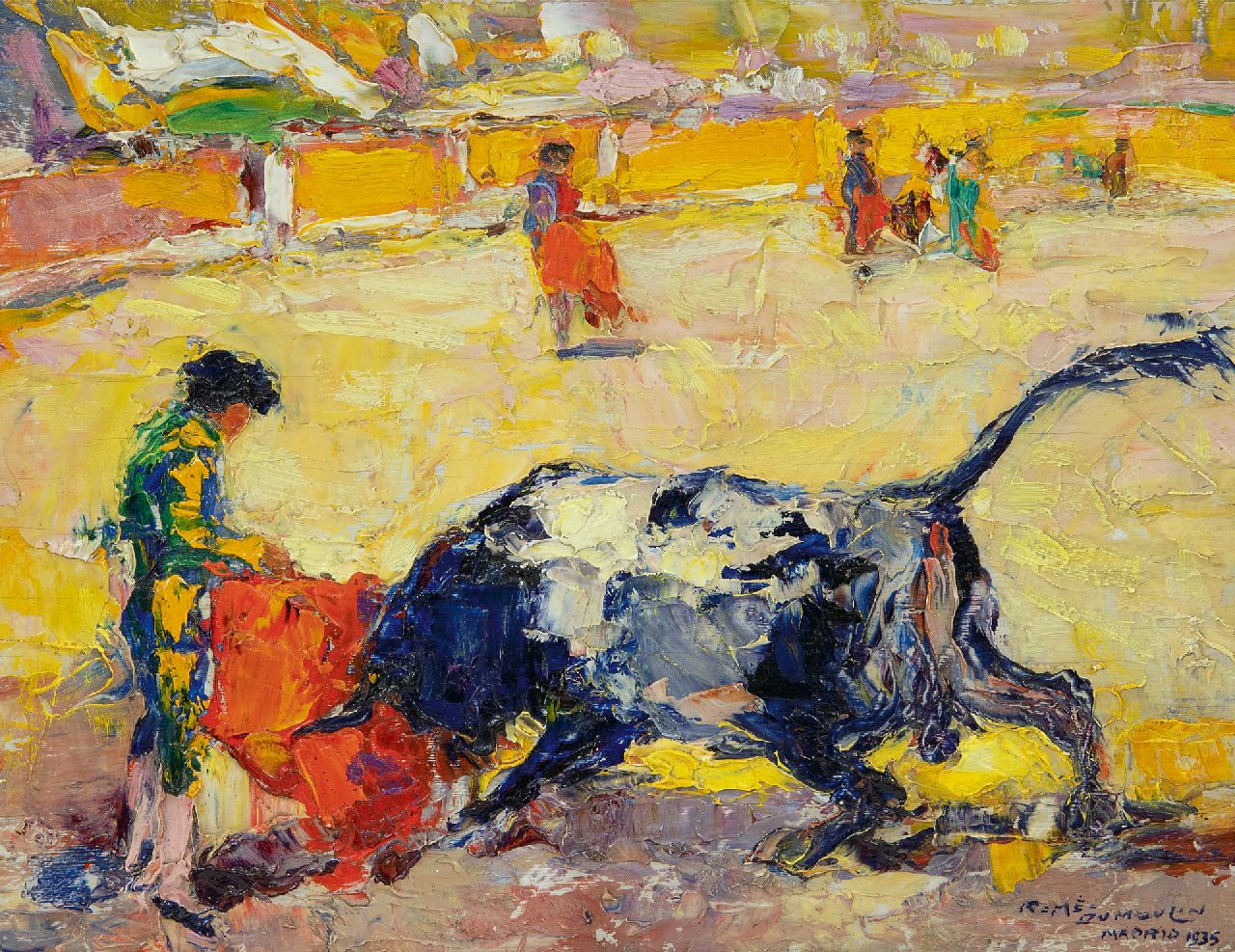 Dumoulin R.  | Roméo Dumoulin, The bullfight, oil on canvas 17.2 x 22.3 cm, signed l.r. and dated 1935
