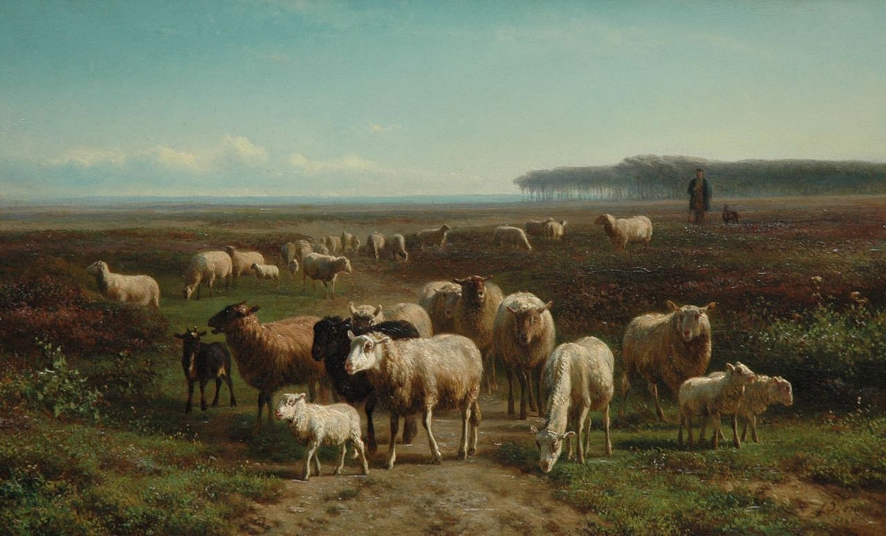 Tom J.B.  | Jan Bedijs Tom, A shepherd with his flock, oil on panel 28.2 x 45.8 cm, signed l.r. and dated 1866