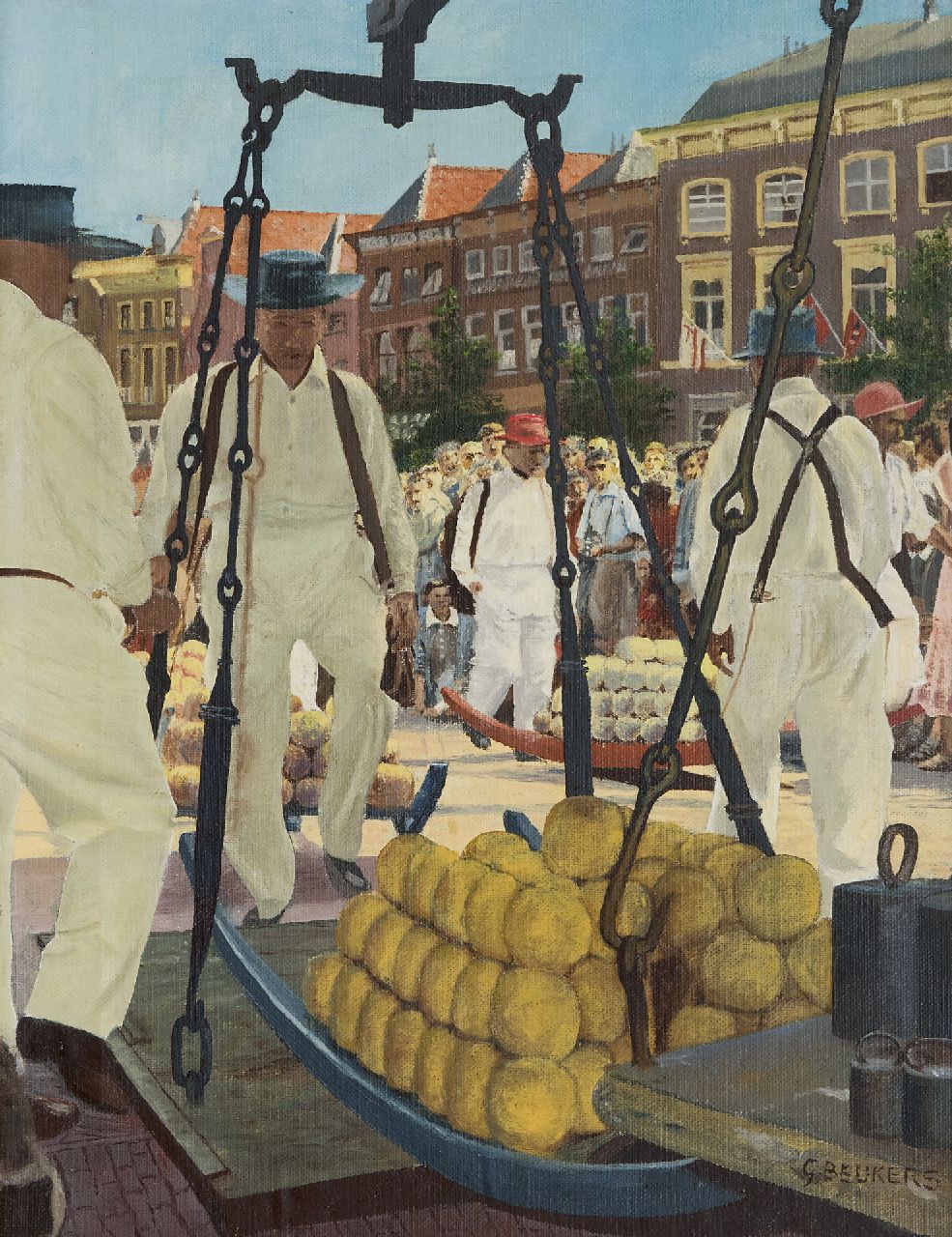 Beukers G.  | Beukers, Cheese carriers in Alkmaar, oil on canvas laid down on panel 39.2 x 30.4 cm, signed l.r.