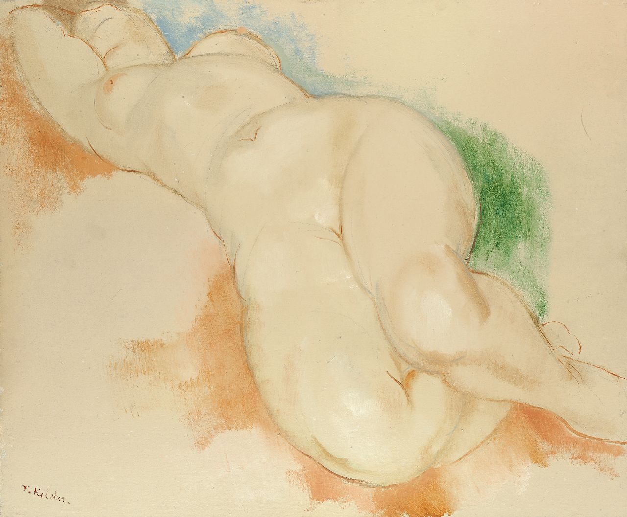 Kelder A.B.  | Antonius Bernardus 'Toon' Kelder | Watercolours and drawings offered for sale | Sleeping nude, pencil, chalk and oil on board 53.9 x 65.0 cm, signed l.l.