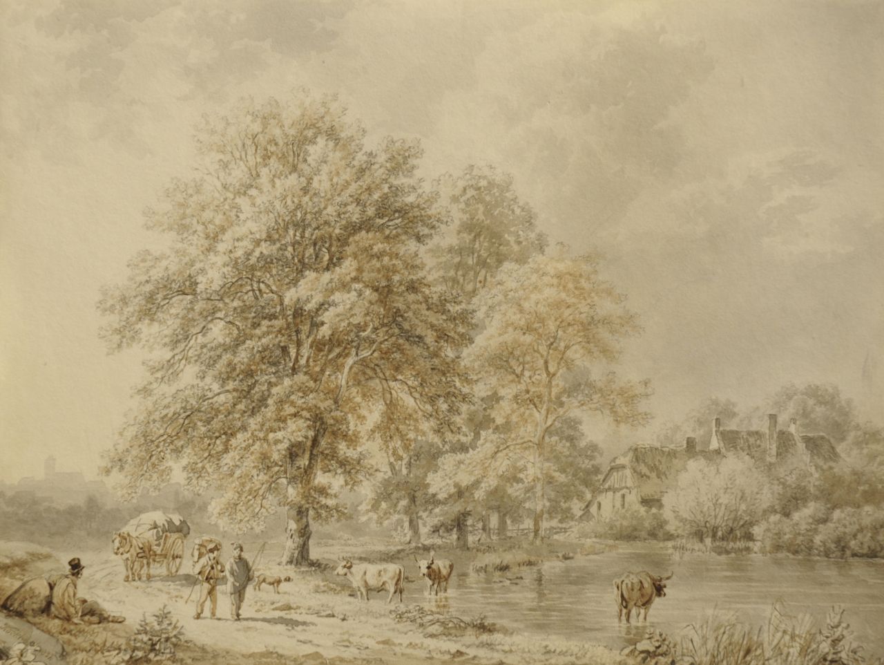 Koekkoek B.C.  | Barend Cornelis Koekkoek, Travellers and cattle on a wooded path along a brook, washed pen on paper 16.4 x 22.0 cm, signed l.l. and painted 1837