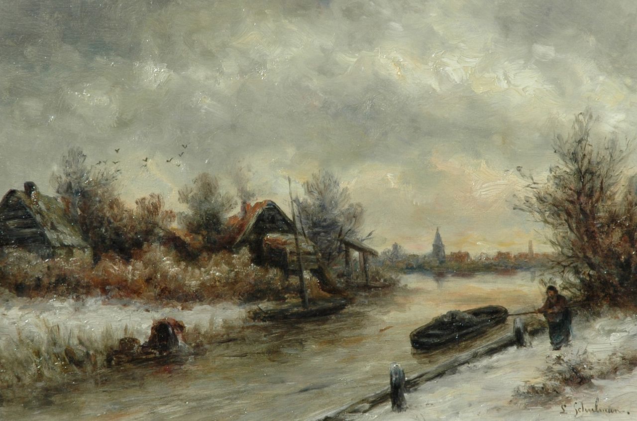 Schulman L.  | Lion Schulman, Winter landscape near Loosdrecht, oil on panel 27.5 x 40.8 cm, signed l.r.