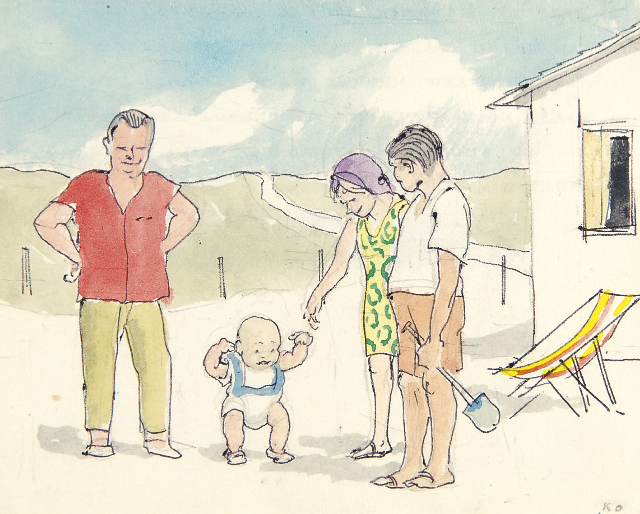 Kamerlingh Onnes H.H.  | 'Harm' Henrick Kamerlingh Onnes | Watercolours and drawings offered for sale | The first steps on the beach, watercolour on paper 11.5 x 14.3 cm, signed l.r. with initials