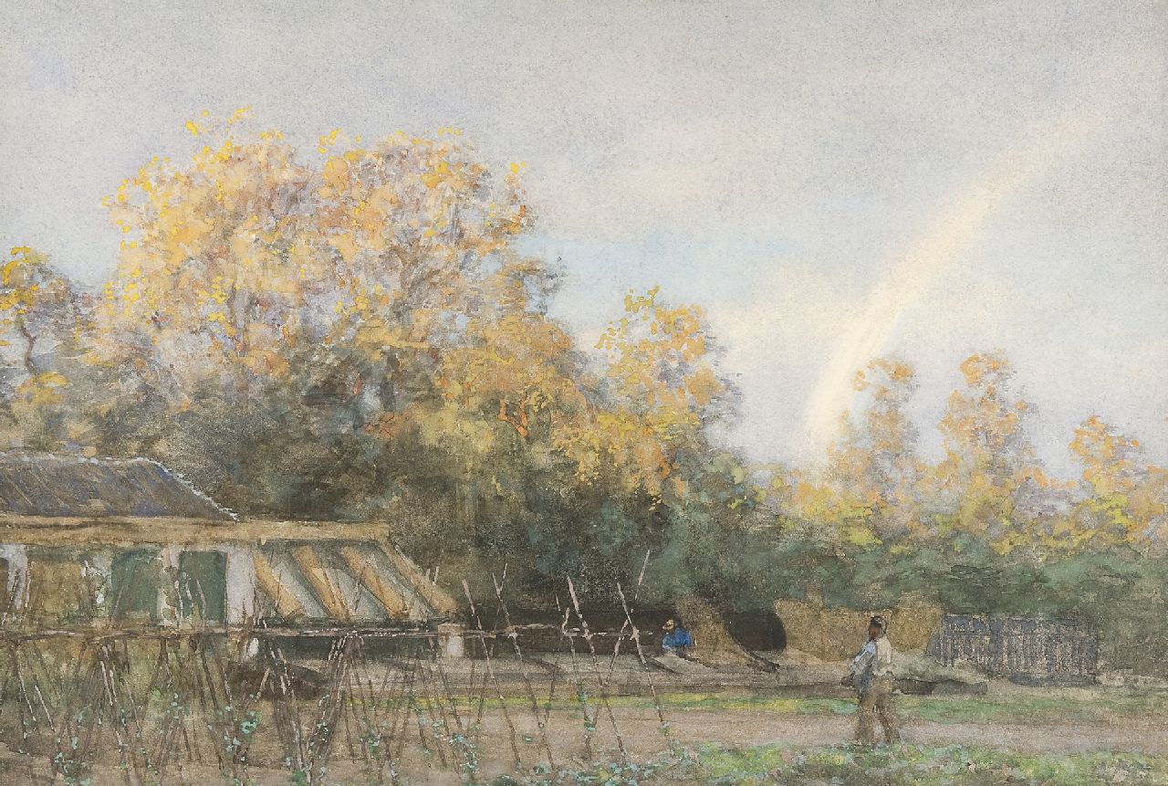 Tholen W.B.  | Willem Bastiaan Tholen, The vegetable garden of Ewijkshoeve with rainbow, watercolour and gouache on paper 35.6 x 53.6 cm, signed l.l.