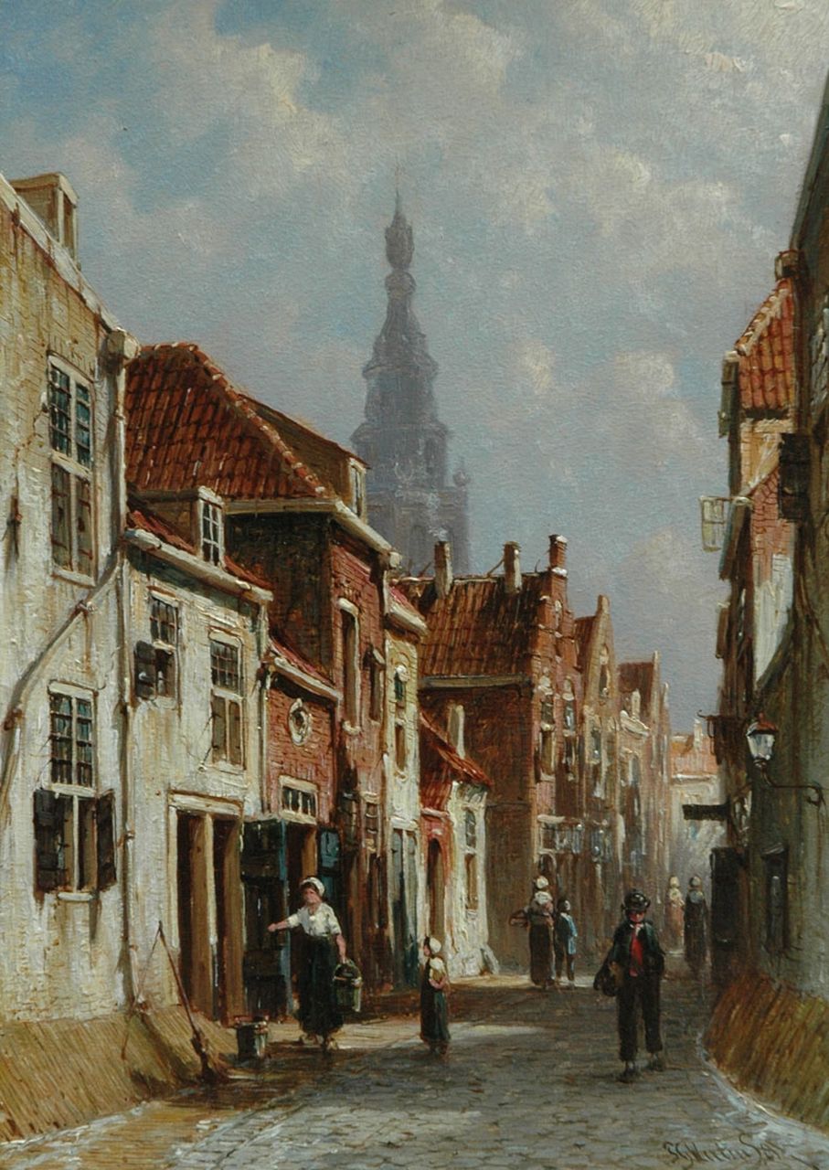 Vertin P.G.  | Petrus Gerardus Vertin, Figures on the street in a sunny town, oil on panel 25.5 x 18.3 cm, gesigneerd rechtsonder