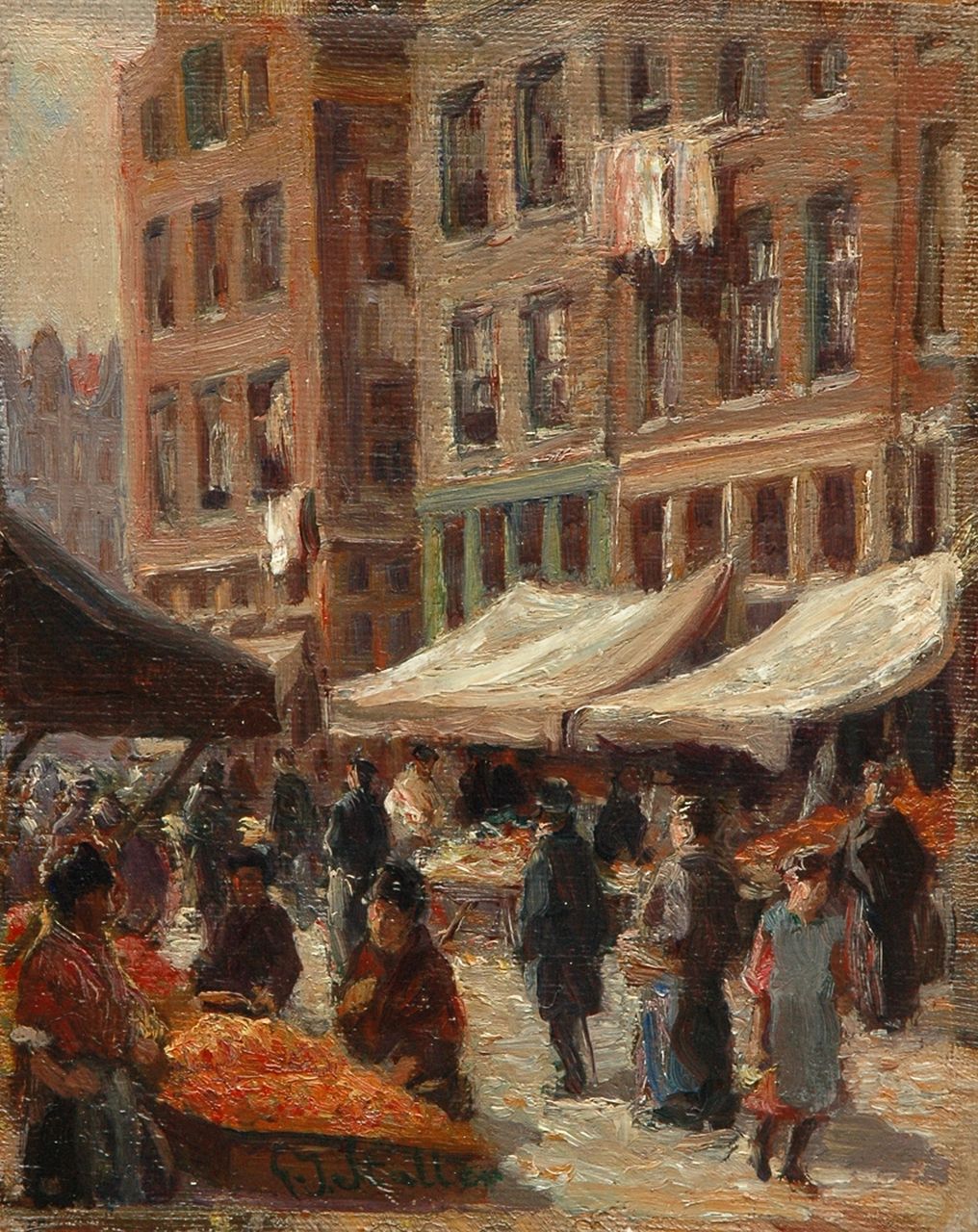 Staller G.J.  | Gerard Johan Staller, Figures at a market, oil on canvas laid down on panel 16.8 x 13.5 cm, signed l.m.