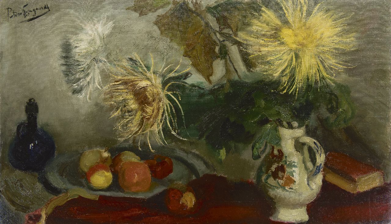 Wijngaerdt P.T. van | Petrus Theodorus 'Piet' van Wijngaerdt | Paintings offered for sale | Still life with chrysanthemum and fruits, oil on canvas 70.0 x 119.9 cm, signed u.l. and on the reverse