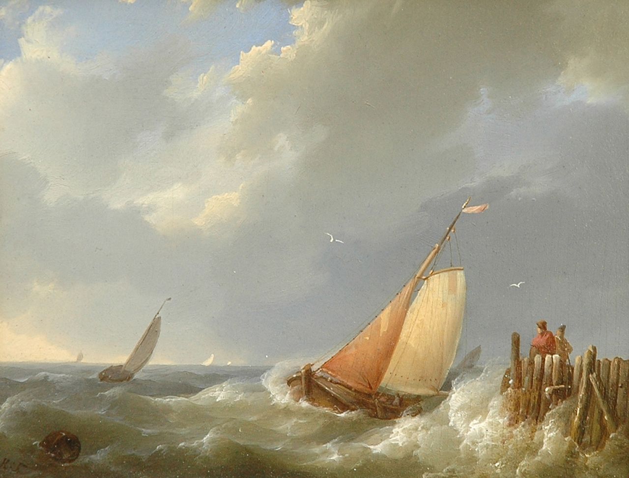 Koekkoek H.  | Hermanus Koekkoek, Shipping off a jetty, oil on panel 11.9 x 14.7 cm, signed l.l. with initials
