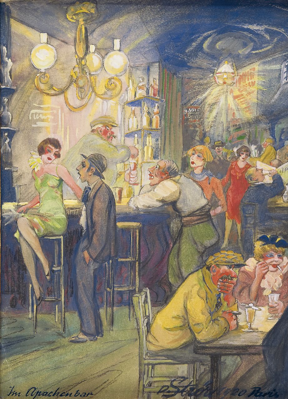 Paul Strör | At the Apachenbar, Paris, gouache and oil on paper, 36.8 x 26.9 cm, signed l.r. and dated '1920 Paris'