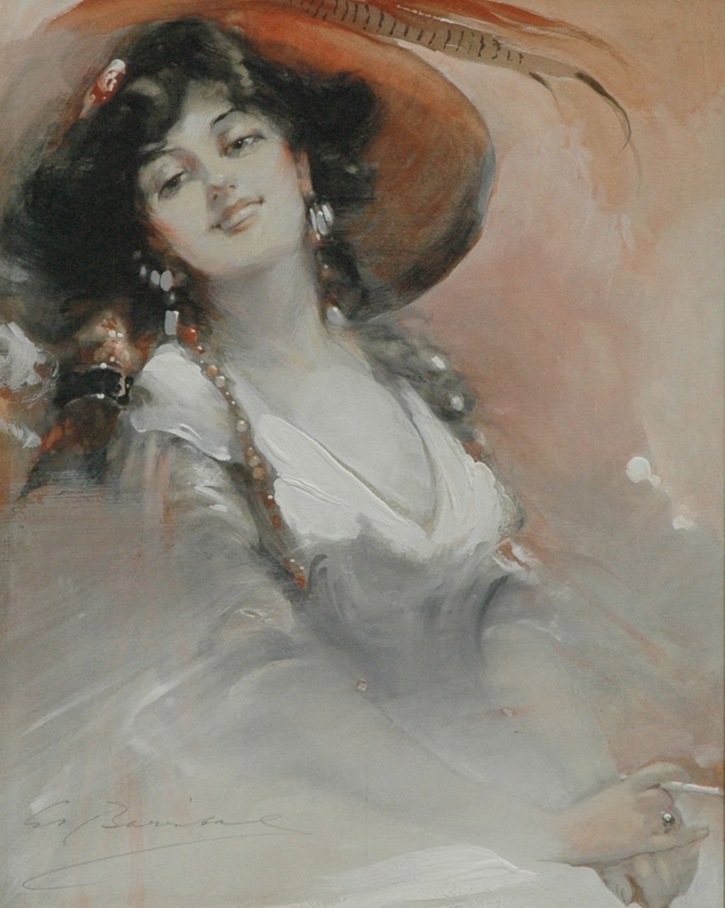 Barribal W.H.  | William H. Barribal, Lady of fashion, black chalk and watercolour on paper 29.0 x 23.1 cm, signed l.l.