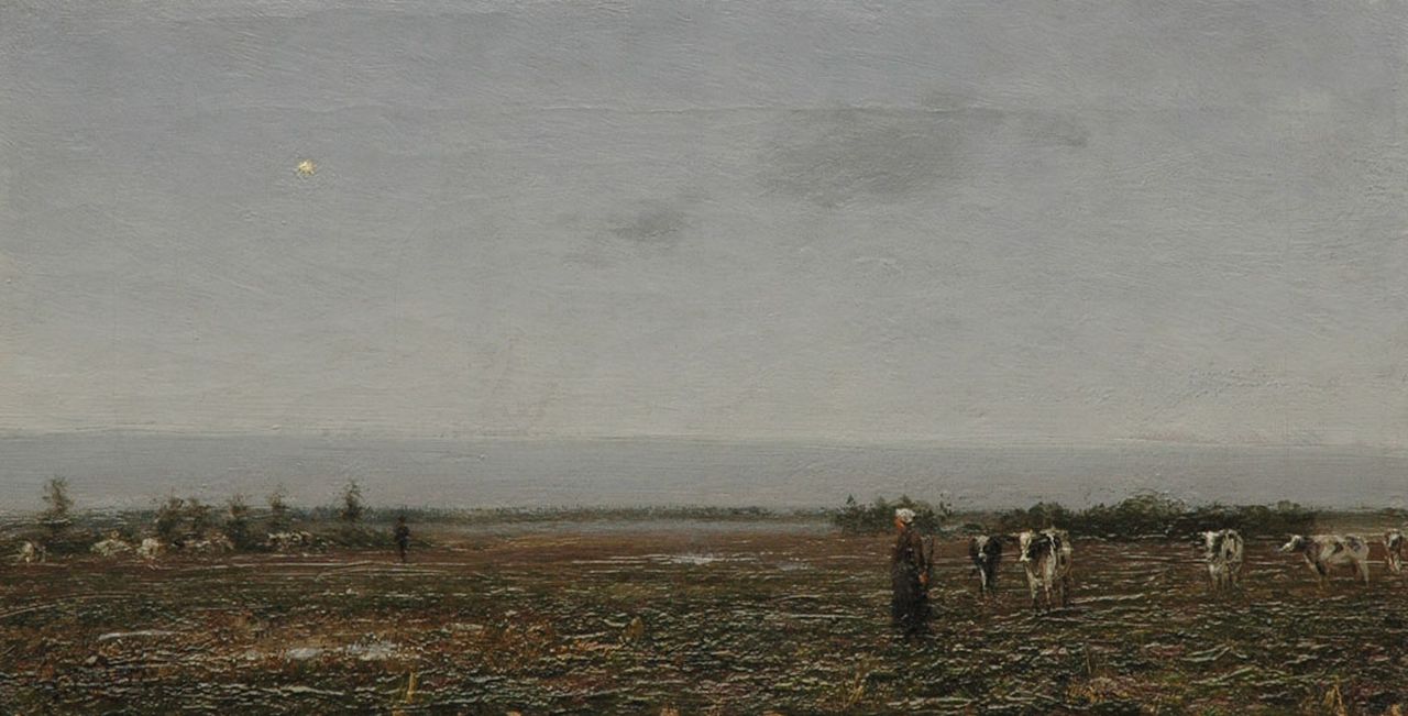 Pieters E.  | Evert Pieters, A cowherd with cattle in the field, oil on canvas 18.8 x 36.0 cm, signed l.l.