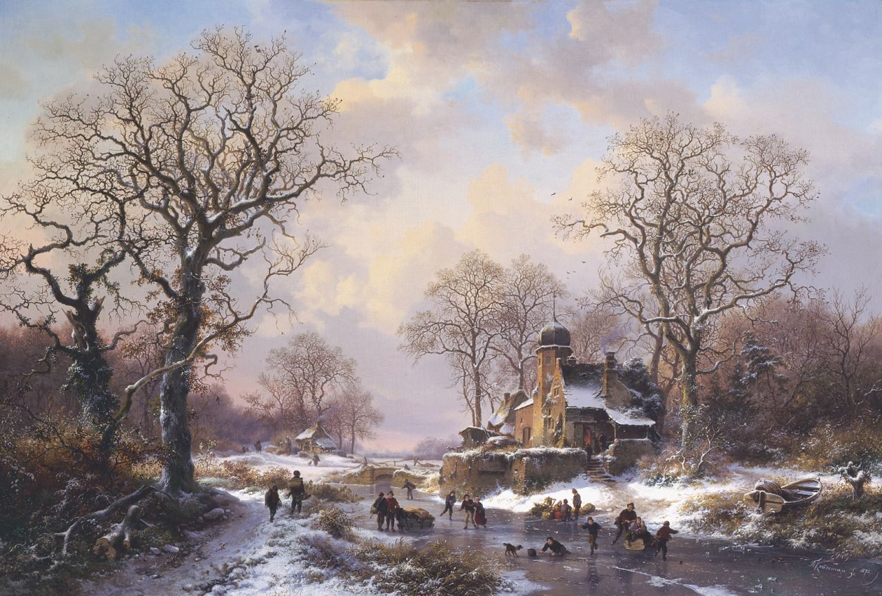 Kruseman F.M.  | Frederik Marinus Kruseman, A winter landscape with skaters on the ice, a castle in the distance, oil on canvas 64.5 x 94.5 cm, signed l.r. and dated 1871