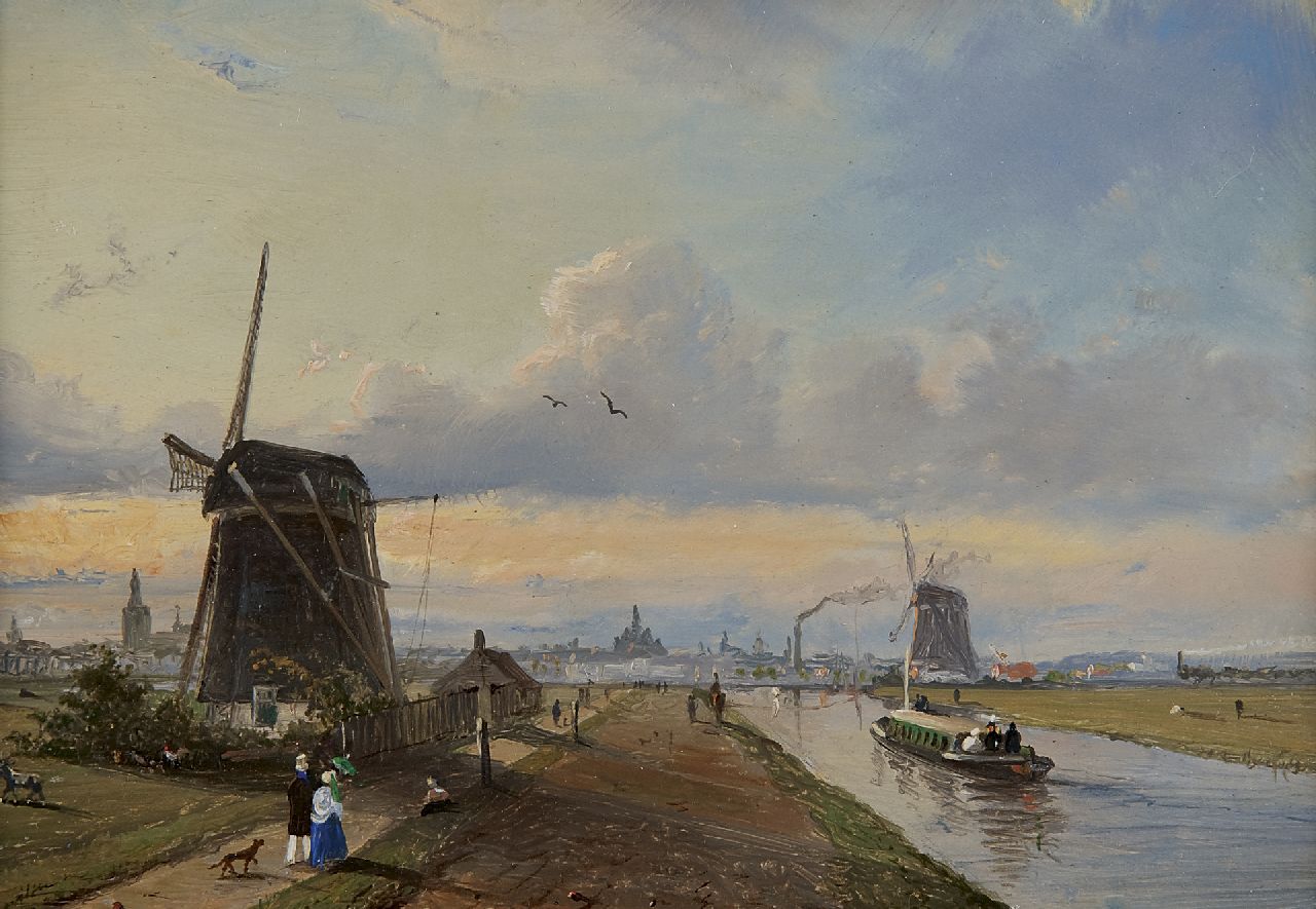 Heppener J.J.  | Johannes Jacobus 'Jan' Heppener, A view of The Vliet near The Hague with a train, oil on panel 14.4 x 20.7 cm
