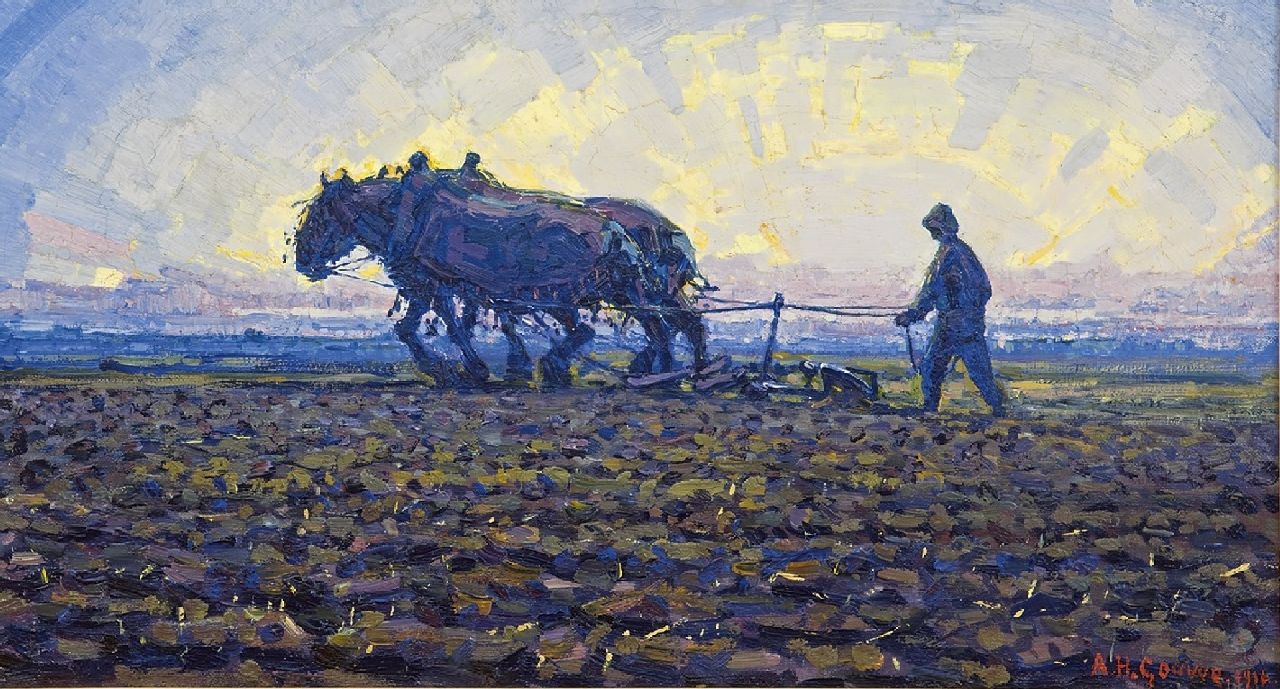 Gouwe A.H.  | Adriaan Herman Gouwe, At sunset, South Limburg, oil on canvas 25.0 x 45.6 cm, signed l.r. and dated 1916