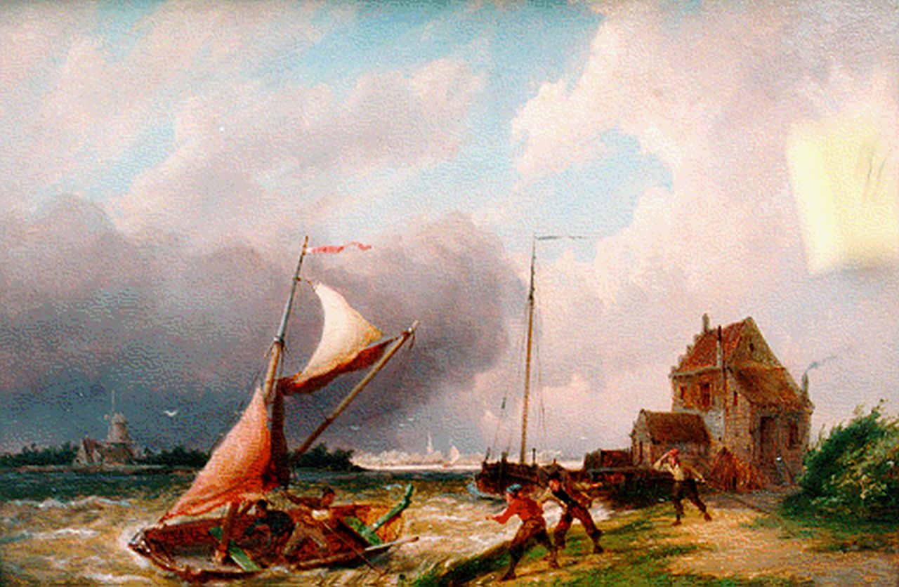 Dommershuijzen P.C.  | Pieter Cornelis Dommershuijzen, Ships by the Moerdijk, oil on panel 27.5 x 38.0 cm, signed l.l. and dated 1887