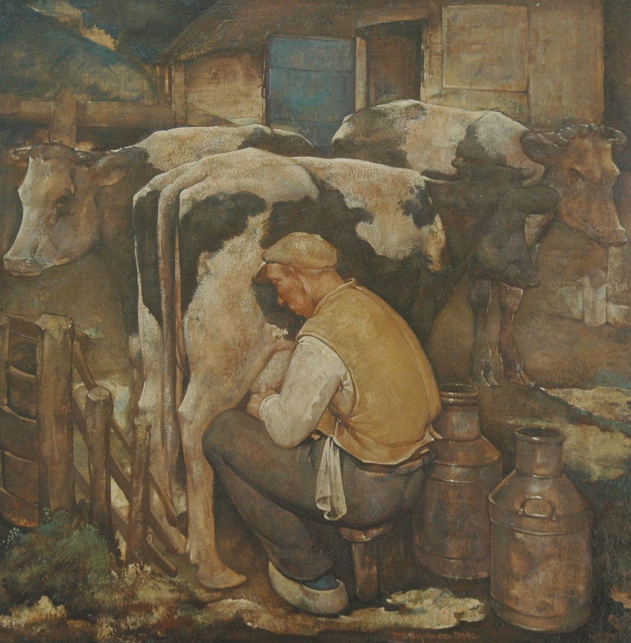 Berg W.H. van den | 'Willem' Hendrik van den Berg, Farmer milking a cow, oil on panel 39.9 x 39.9 cm, signed l.r.
