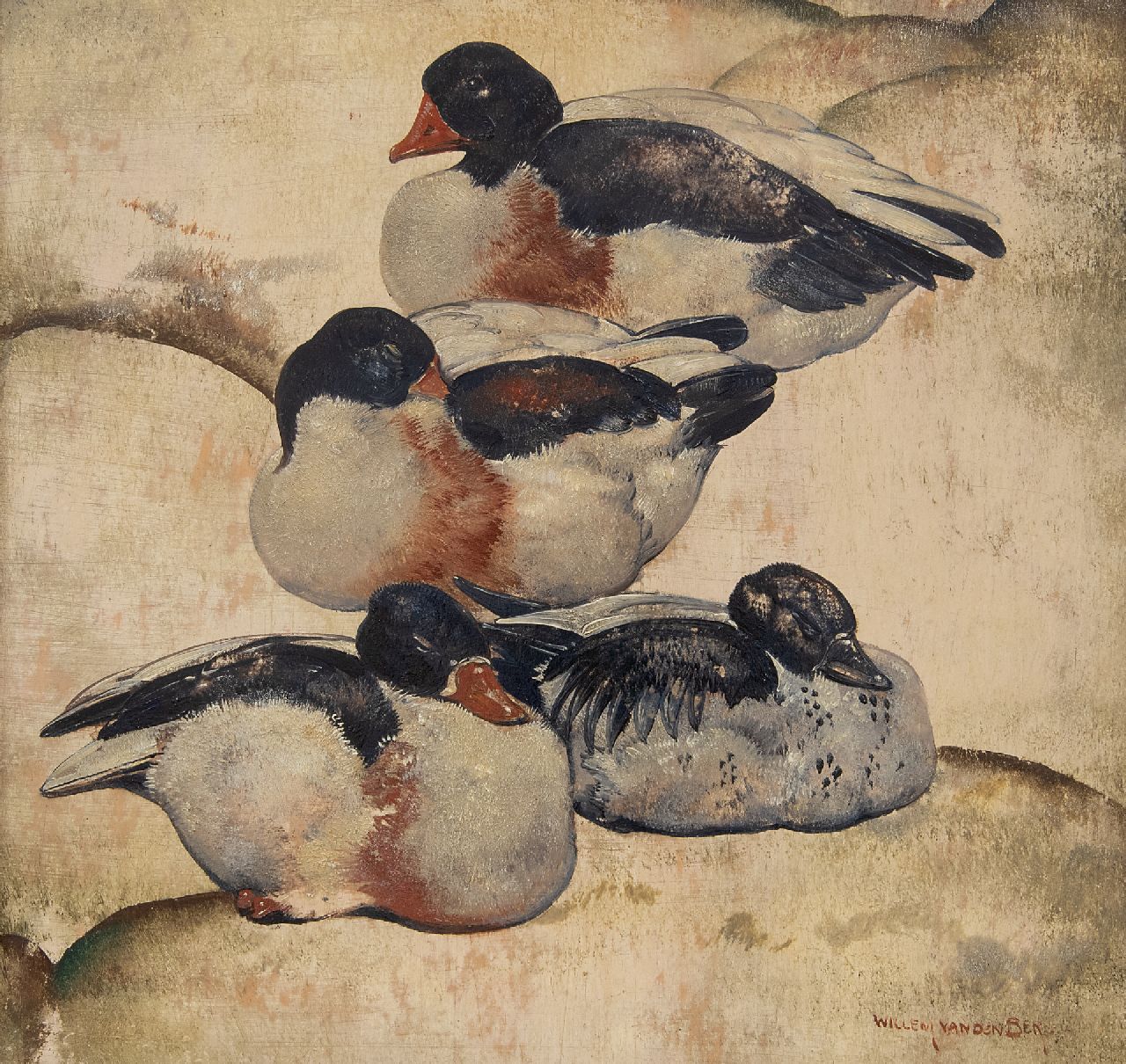 Berg W.H. van den | 'Willem' Hendrik van den Berg | Paintings offered for sale | Four ducks, oil on panel 26.4 x 27.5 cm, signed l.r. and verso dated October 1935