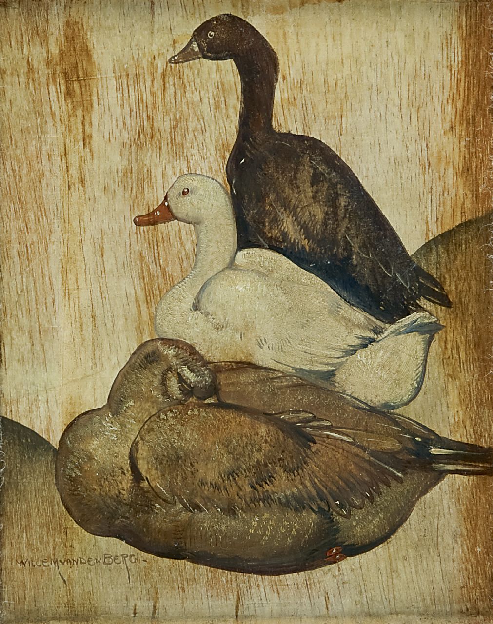 Berg W.H. van den | 'Willem' Hendrik van den Berg, Geese, oil on panel 17.4 x 14.1 cm, signed l.l. and on the reverse