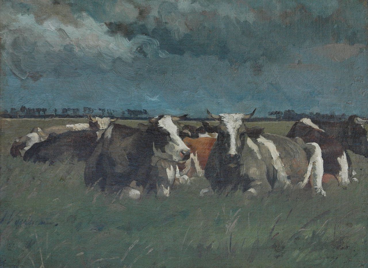 Voerman sr. J.  | Jan Voerman sr., Cows in de meadow near the IJssel river, Holland, oil on canvas 30.3 x 41.3 cm, signed l.l.