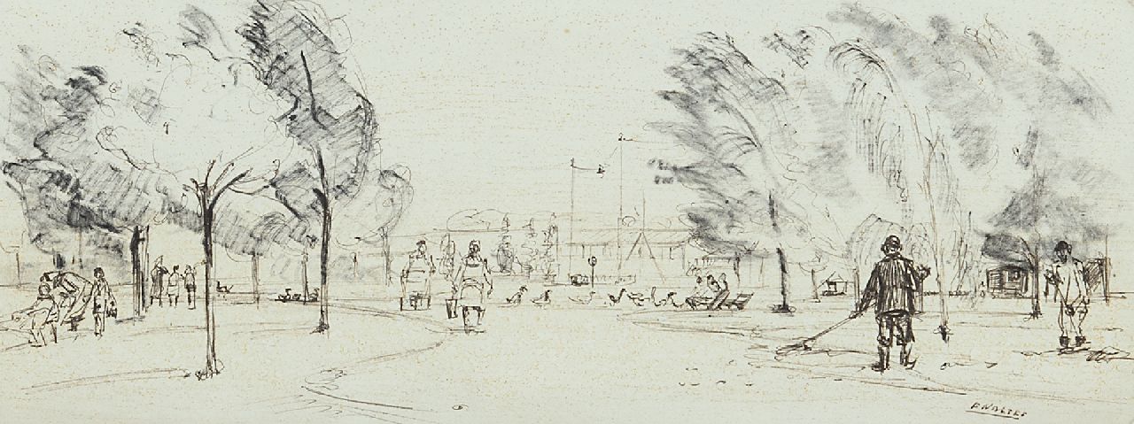 Noltee B.C.  | Bernardus Cornelis 'Cor' Noltee | Watercolours and drawings offered for sale | Public garden, drawing on paper 11.4 x 30.5 cm, signed l.r.