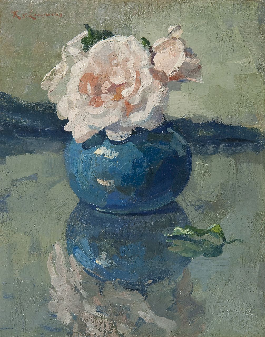 Leeuwen H. van | Hendrik 'Henk' van Leeuwen, Roses in a blue vase, oil on canvas 29.3 x 23.8 cm, signed l.l.
