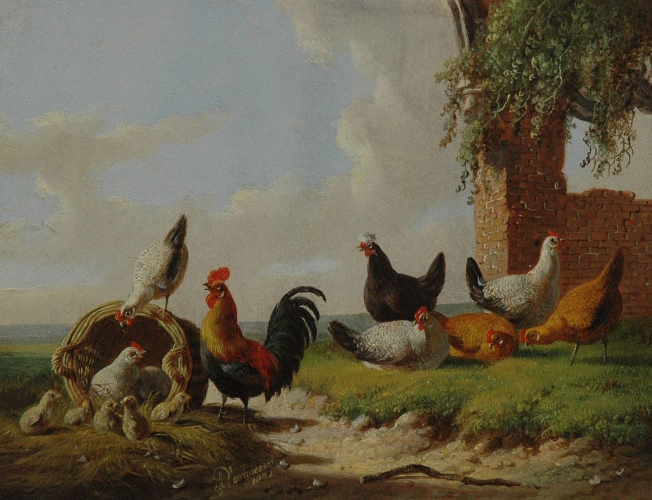 Verhoesen A.  | Albertus Verhoesen, The cock with his hens, oil on panel 13.3 x 17.4 cm, signed c.l. and dated 1872