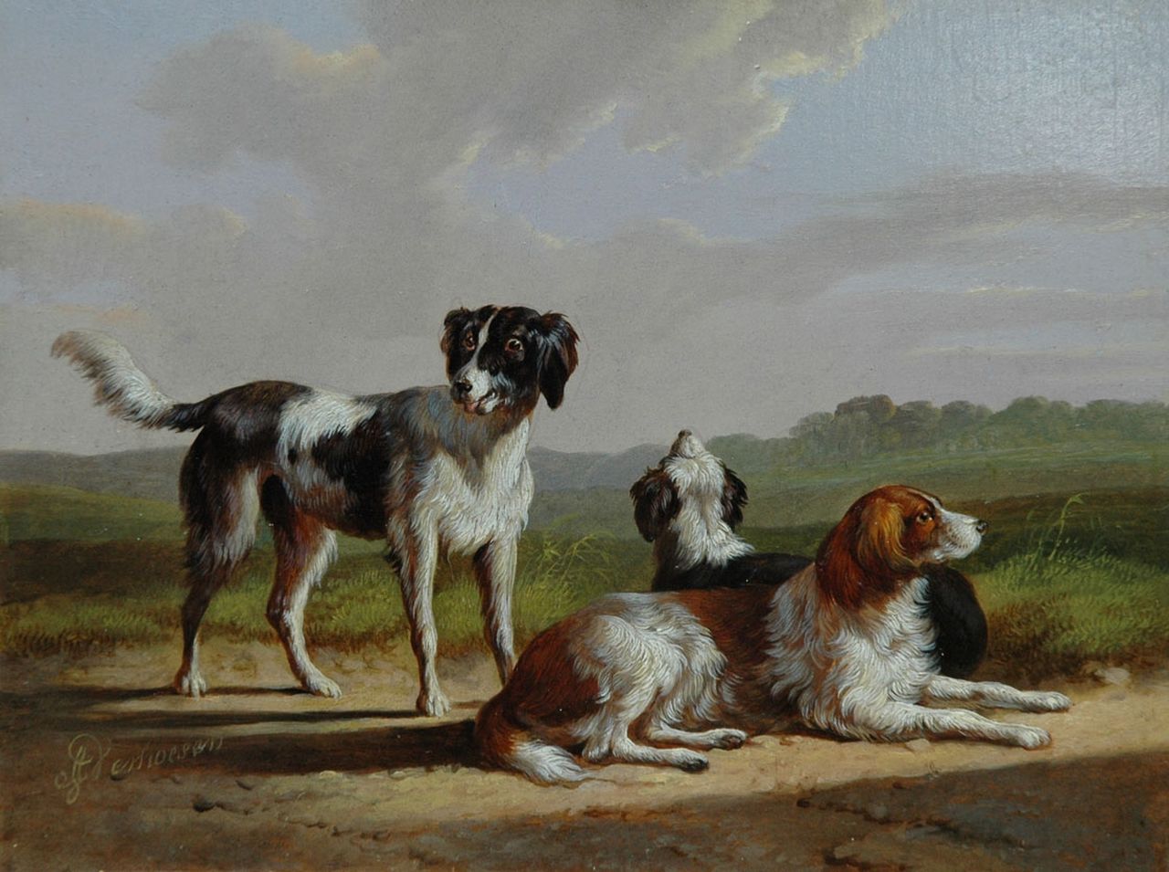 Verhoesen A.  | Albertus Verhoesen, Three hounds in a landscape, oil on panel 13.3 x 17.5 cm, signed l.l.