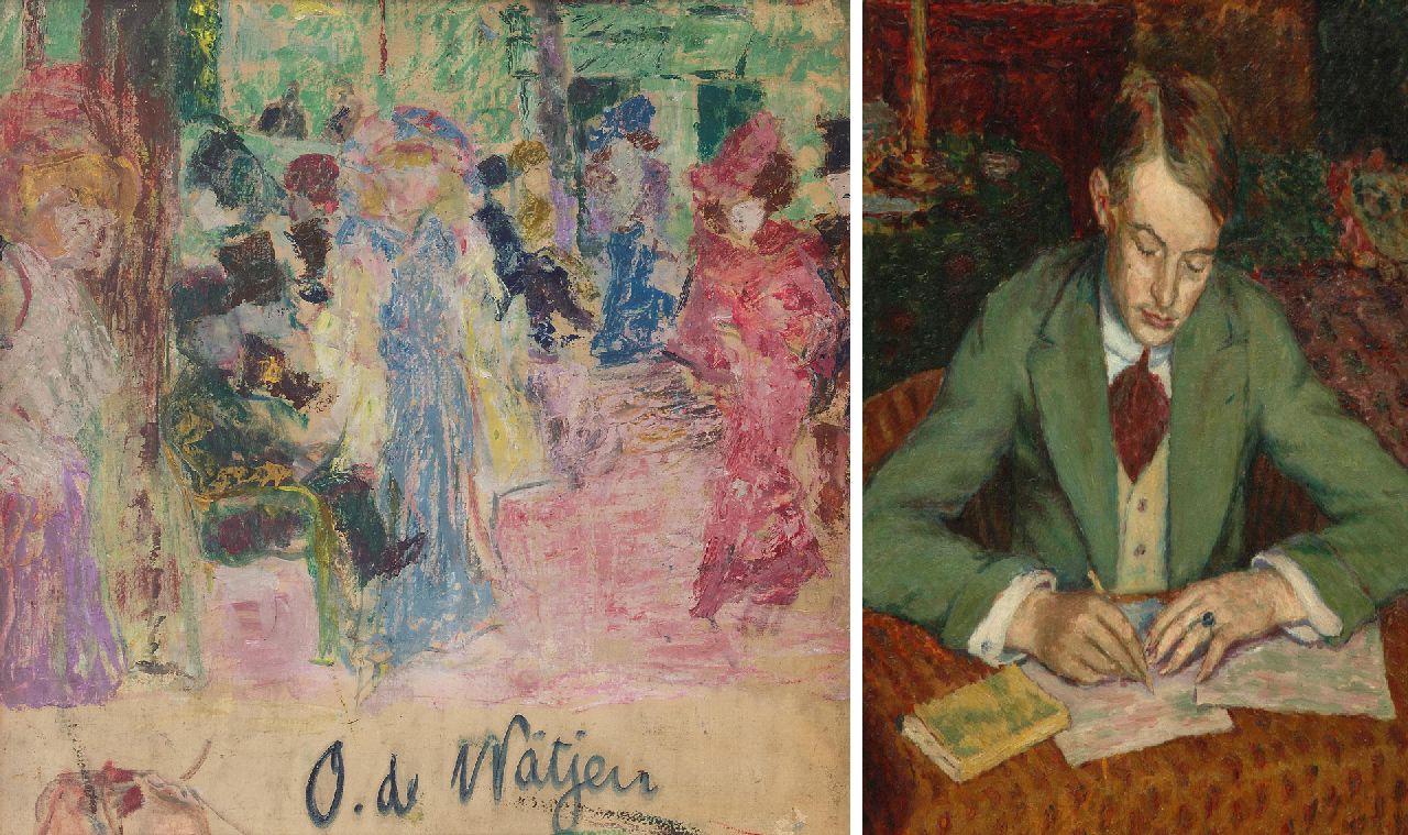 Waetjen O. von | Otto von Waetjen | Paintings offered for sale | Café interior in Paris; on the reverse: Writing man, oil on board 81.0 x 70.5 cm, signed l.r. and on the reverse