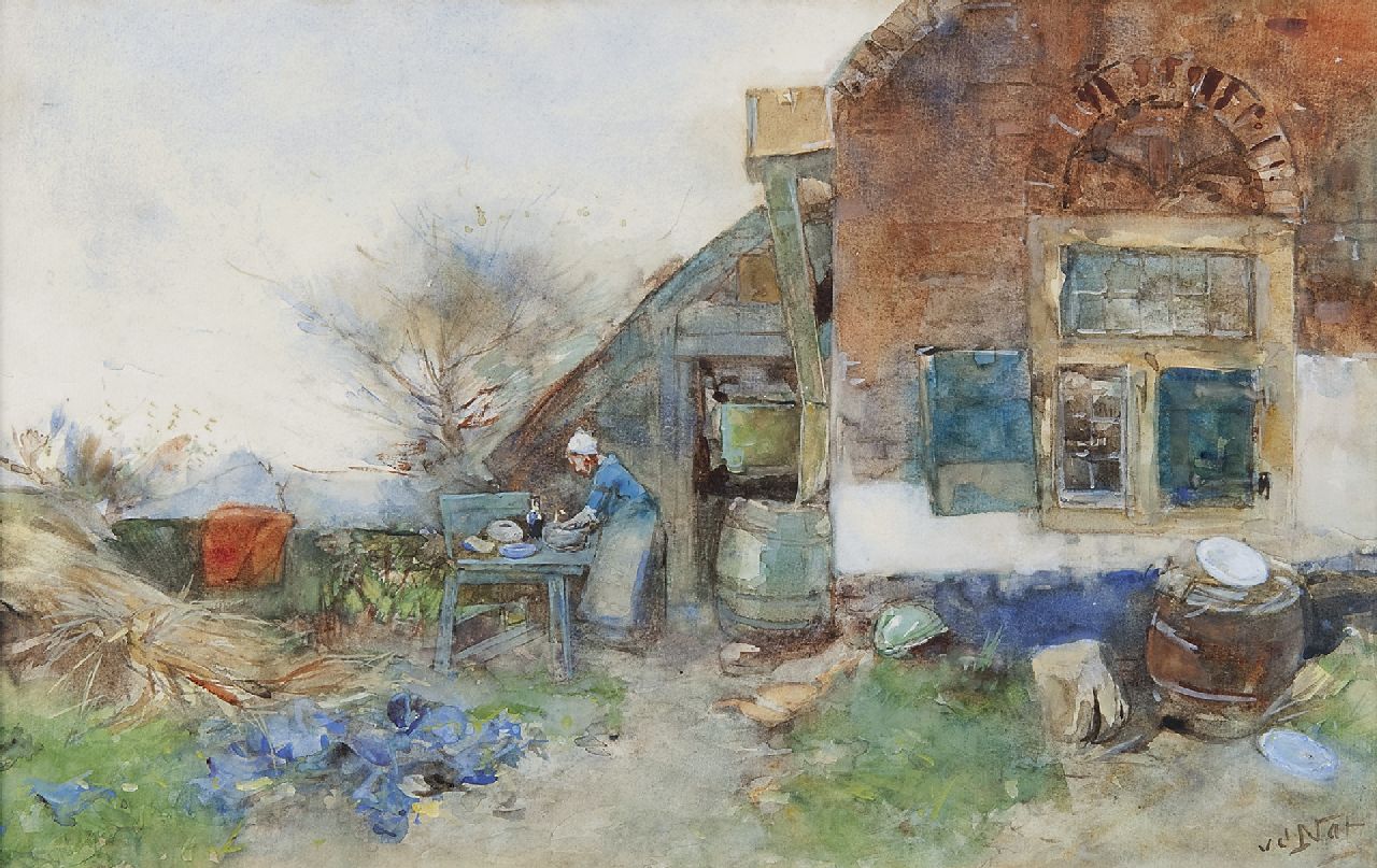 Nat W.H. van der | 'Willem' Hendrik van der Nat, A Dutch farmyard with a peasant woman, watercolour on paper 31.2 x 49.0 cm, signed l.r.