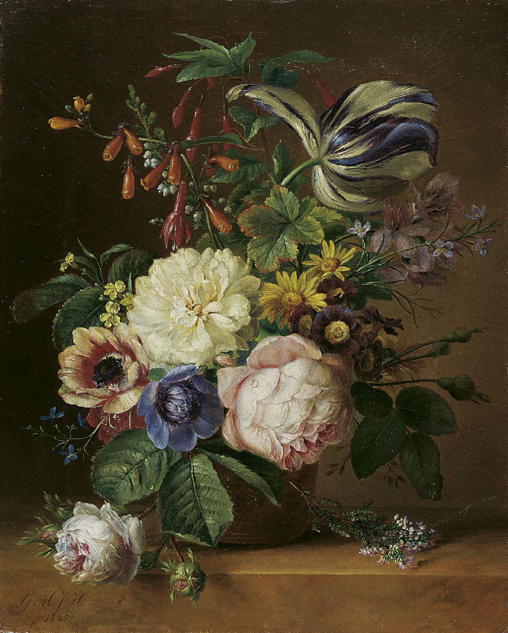 Huidekoper G.M.J.  | Geertruida Margaretha Jacoba Huidekoper, A still life of roses, tulips and anemones, oil on canvas 37.5 x 30.5 cm, signed l.l. with initials and dated 1845