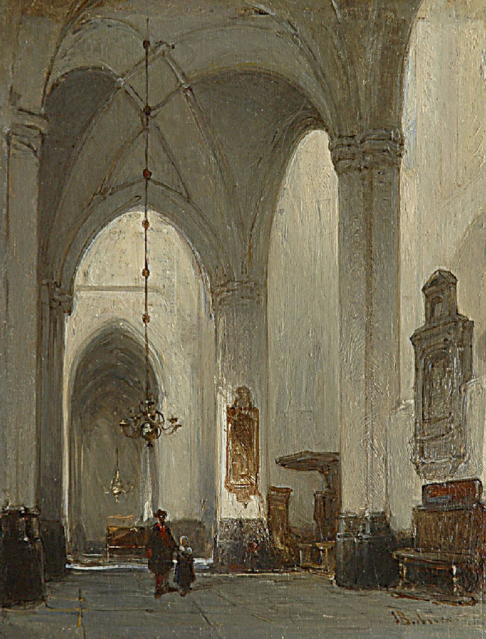 Bosboom J.  | Johannes Bosboom, The interior of the Grote Kerk in Breda, oil on panel 20.8 x 16.0 cm, signed l.r.