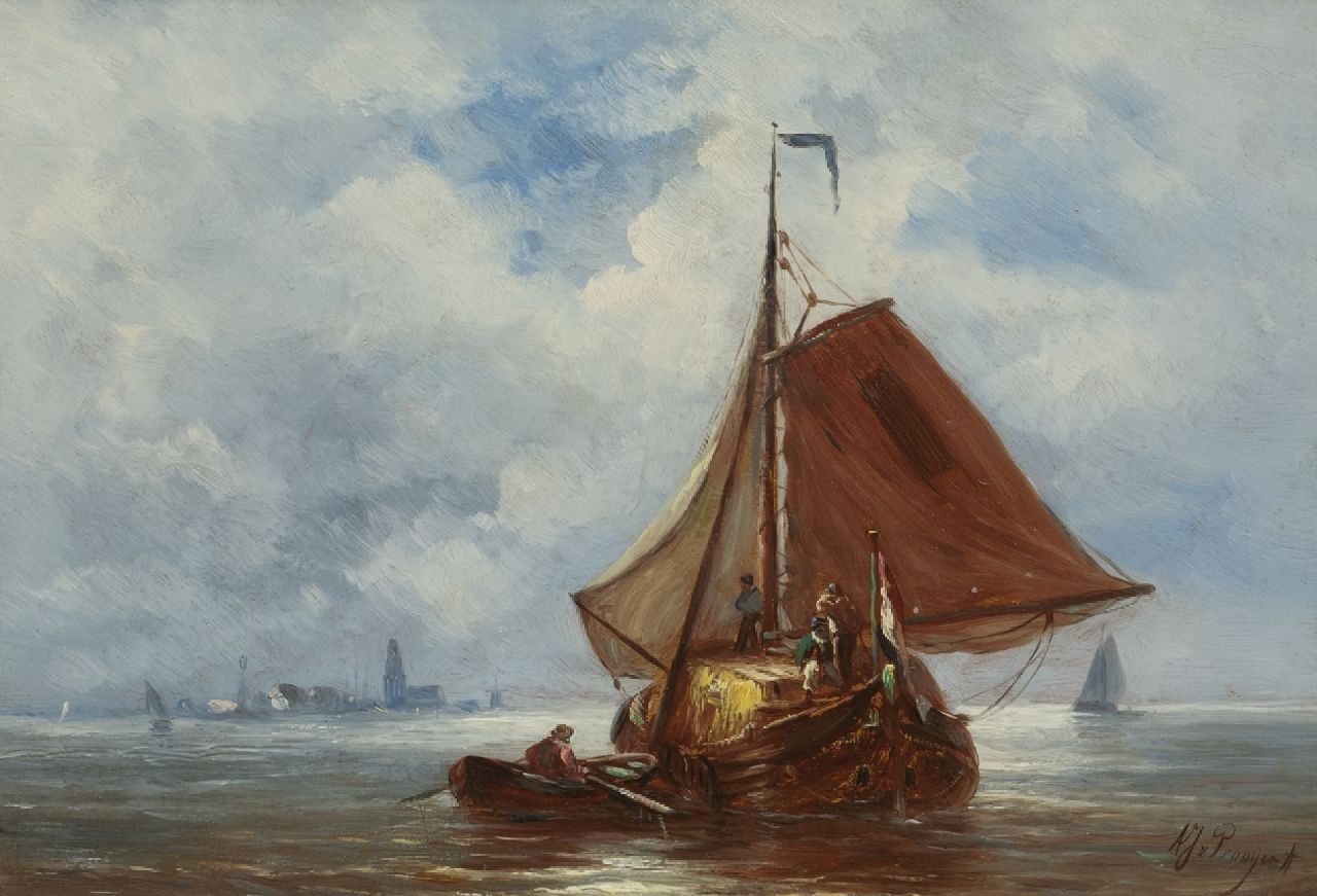 Prooijen A.J. van | Albert Jurardus van Prooijen, A hayship, sailing, oil on panel 23.7 x 34.3 cm, signed l.r.
