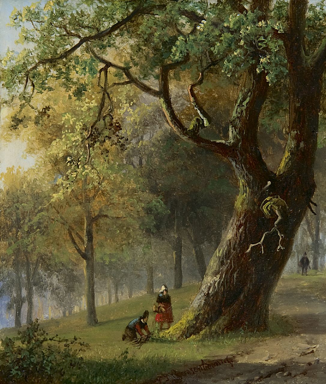 Roosenboom N.J.  | Nicolaas Johannes Roosenboom, Figures in a wooded landscape, oil on panel 15.4 x 13.0 cm, signed l.c.