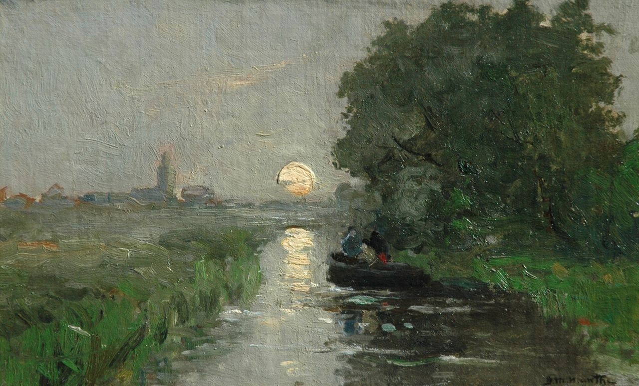 Munthe G.A.L.  | Gerhard Arij Ludwig 'Morgenstjerne' Munthe, De Vliet by moonlight, with the Laurentiustoren of Rijnsburg in the distance, oil on canvas laid down on board 26.3 x 42.0 cm, signed l.r.