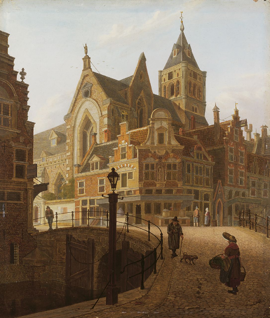 Verheijen J.H.  | Jan Hendrik Verheijen, A town view with pedestrians on a bridge, oil on panel 24.2 x 20.9 cm, signed l.l. and dated 1813