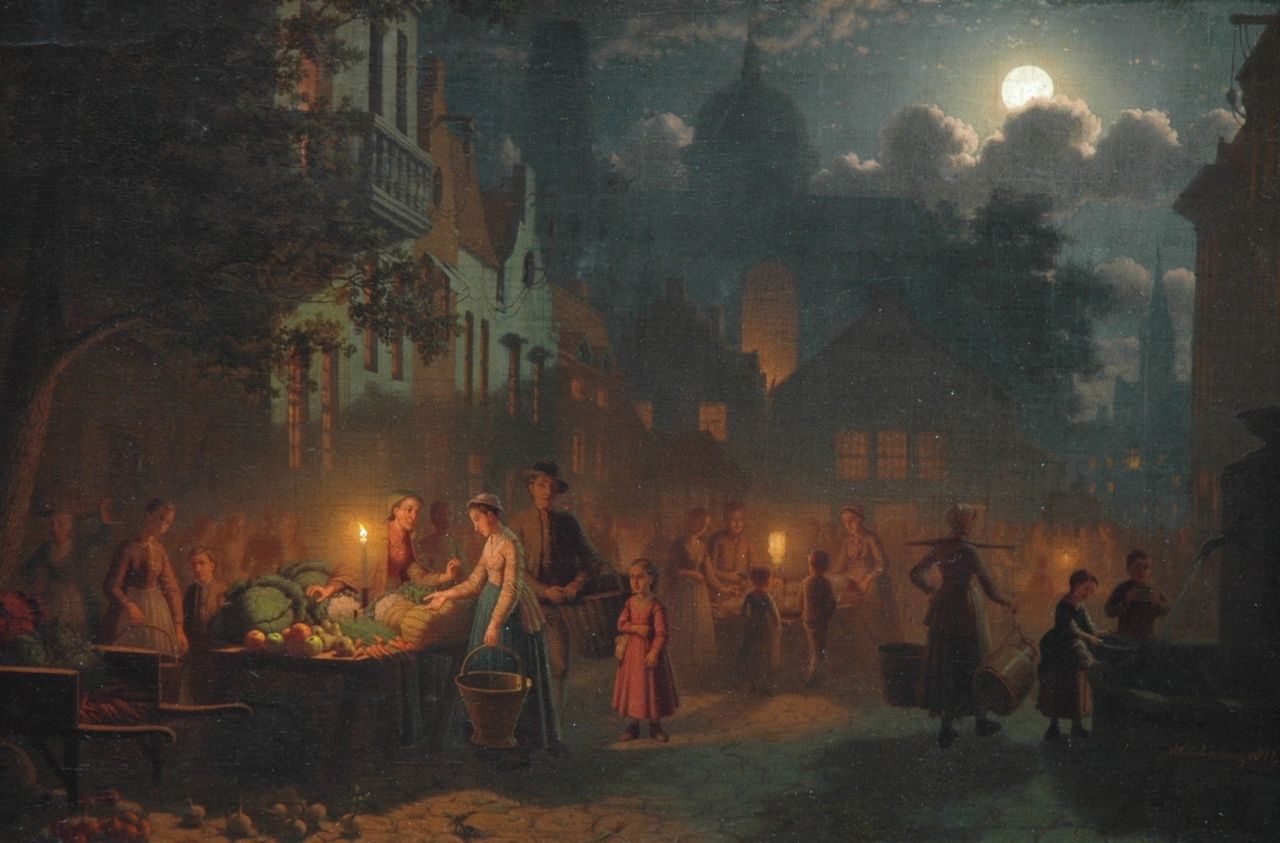 Culverhouse J.M.  | Johan Mengels Culverhouse, Evening market, oil on canvas 40.3 x 60.2 cm, signed l.r. and painted 1877