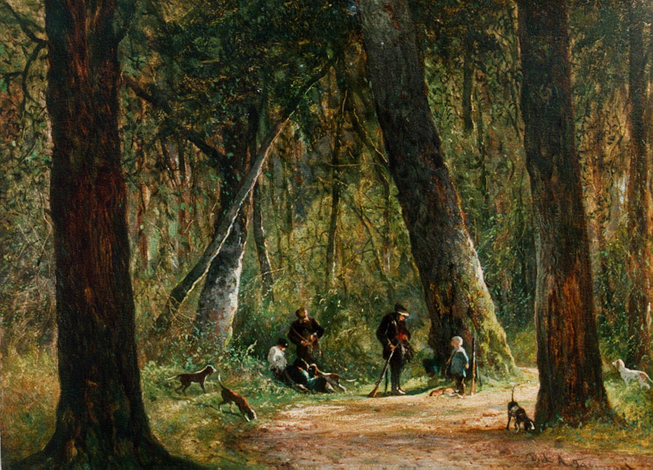 Tavenraat D.A.  | Dirk Arnoldus Tavenraat, Reposing hunters, oil on panel 25.7 x 34.6 cm, signed l.r.