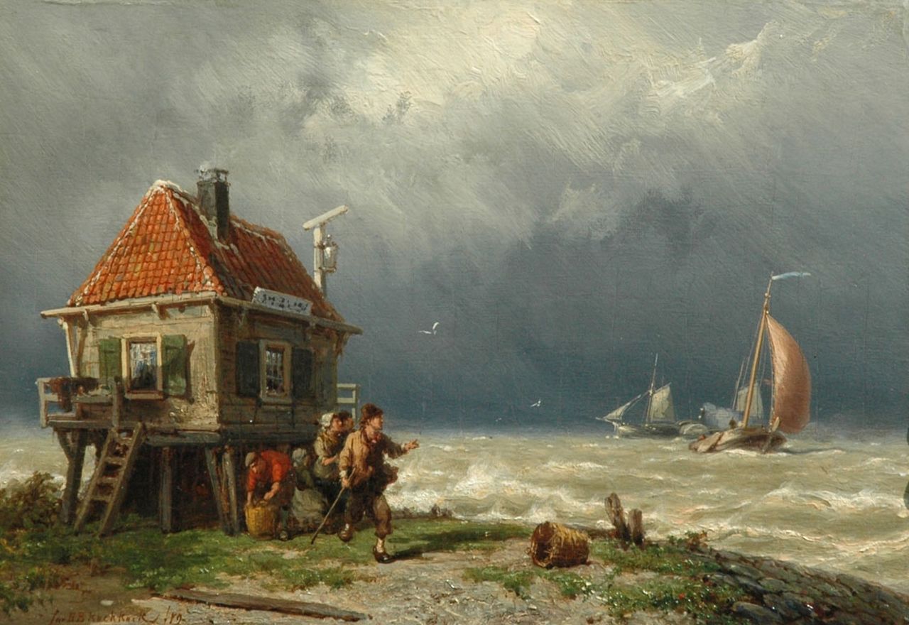 Koekkoek J.H.B.  | Johannes Hermanus Barend 'Jan H.B.' Koekkoek, Figures near a ferry-house, oil on panel 24.6 x 35.1 cm, signed l.l. and dated '79