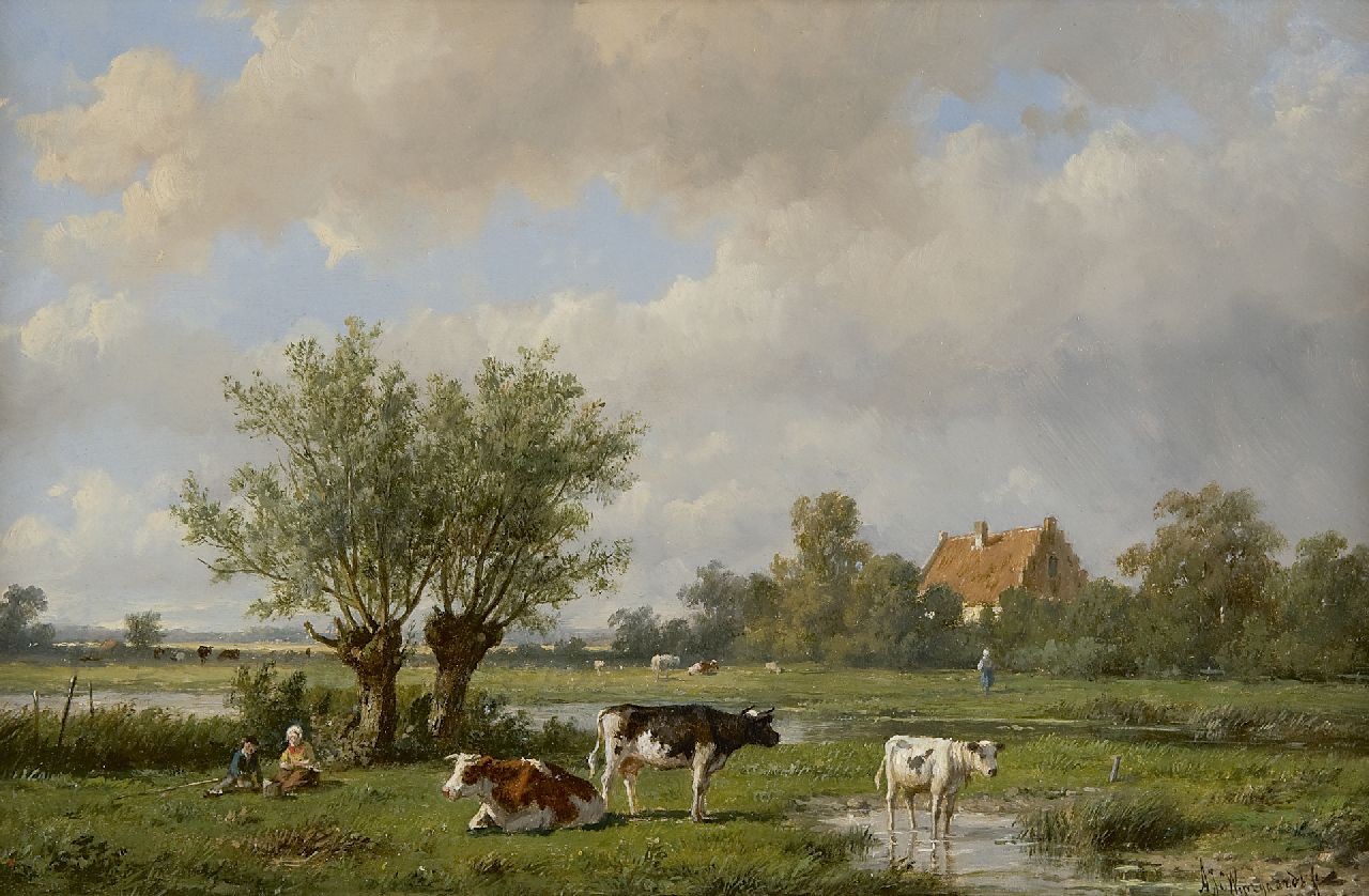 Wijngaerdt A.J. van | Anthonie Jacobus van Wijngaerdt, Summerlandscape with cowherds and cattle, oil on panel 23.6 x 36.6 cm, signed l.r.