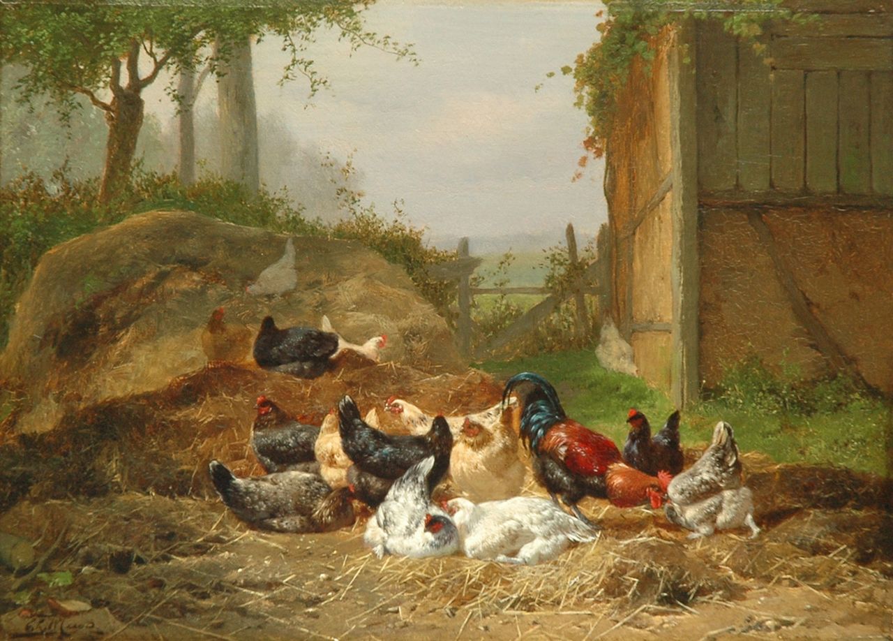 Maes E.R.  | Eugène Remy Maes, Poultry in a sunlit farmyard, oil on panel 26.5 x 36.0 cm, signed l.l.