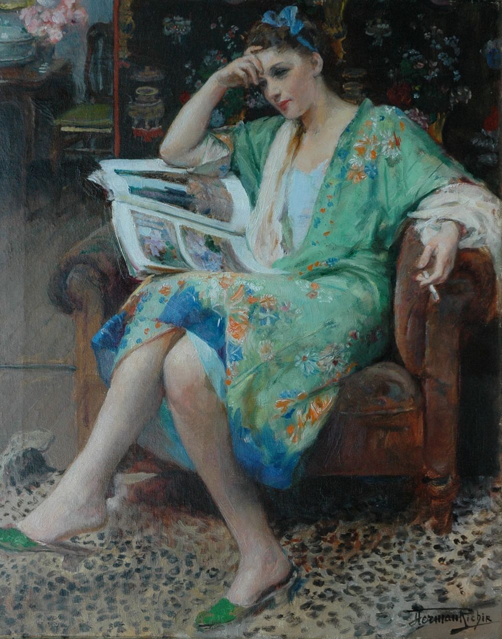 Richir H.J.J.  | Herman Jean Joseph Richir, A young woman in a green kimono, oil on canvas 50.3 x 41.2 cm, signed l.r.