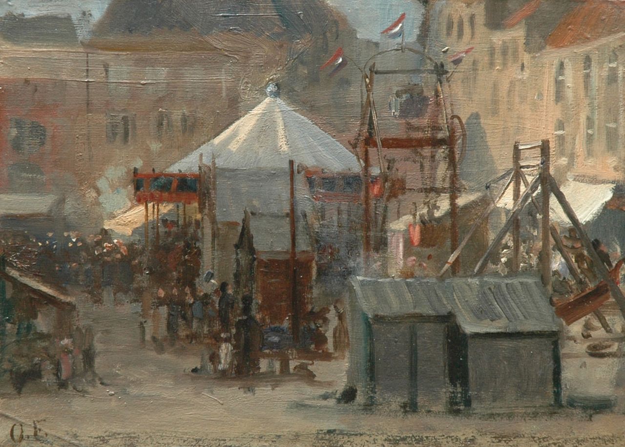 Eerelman O.  | Otto Eerelman, At the fair, Vismarkt, Groningen, oil on paper laid down on panel 24.6 x 33.8 cm, signed l.l. with initials