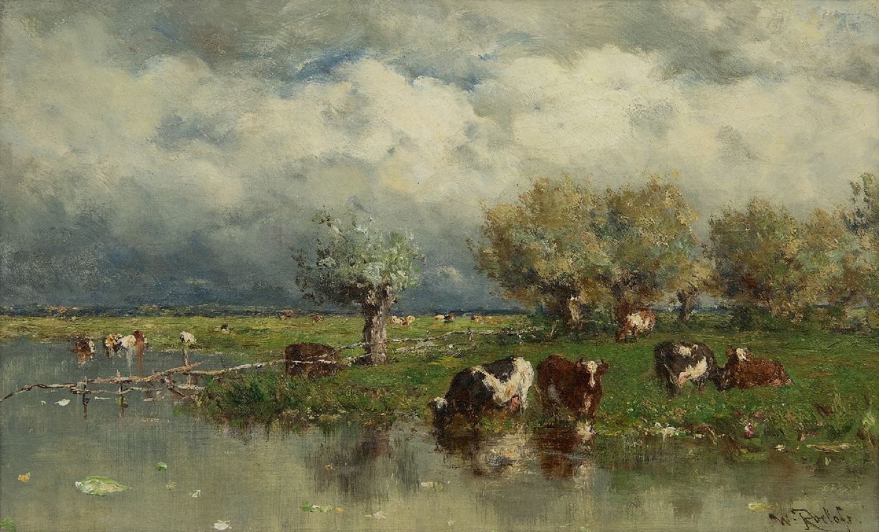 Roelofs W.  | Willem Roelofs, Cows in a water landscape, oil on canvas 24.2 x 38.9 cm, signed l.r. and painted ca. 1880